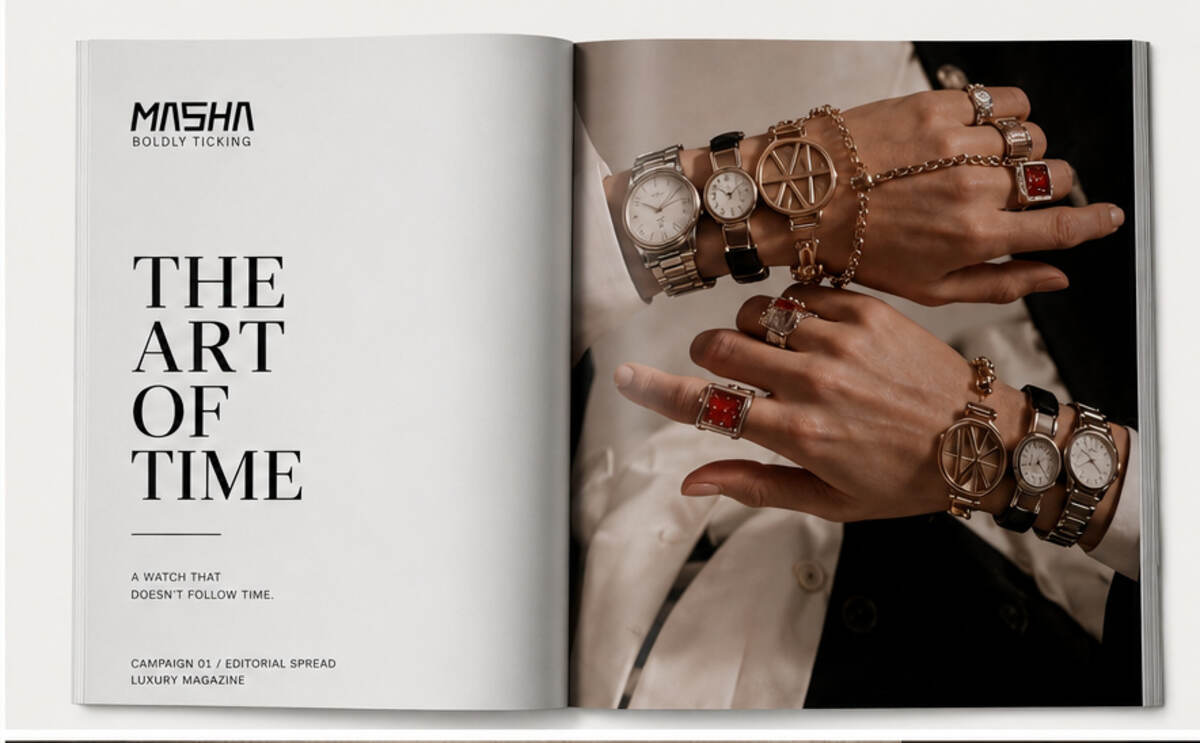 MASHA — editorial spread, "The art of time."