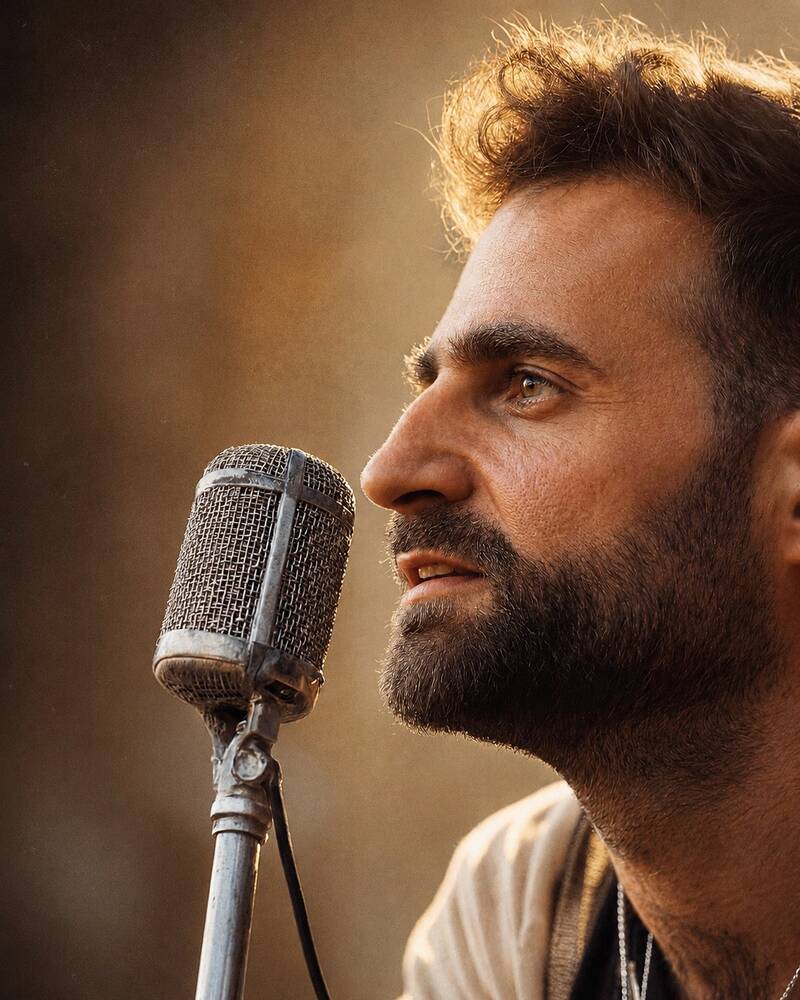 At the microphone